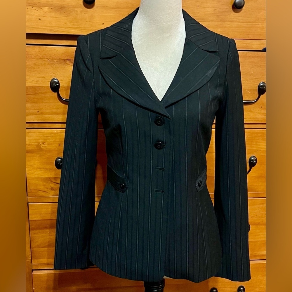 Semantiks Womens Jacket Size 2 Black Striped Blazer Long Sleeve Polyester
